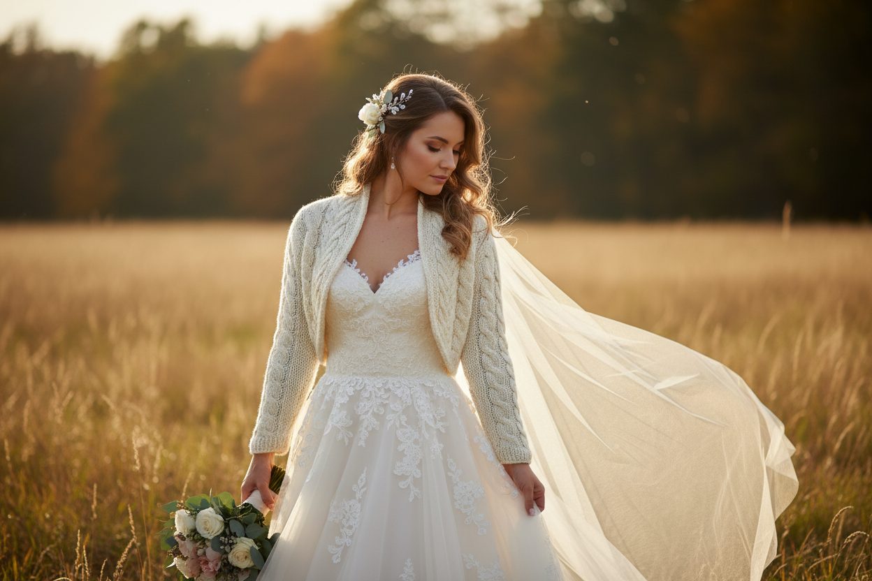 Braut im Brautkleid mit elegantem Strick-Bolero in ivory – Heiraten mit Beemohr