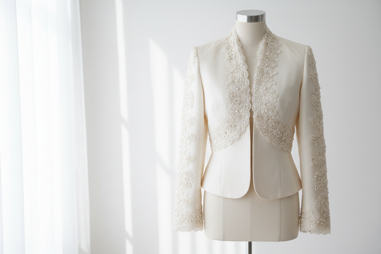 Helena Brautjacke in ivory mit Zierkanten – zu gewinnen im Hochzeit Magazin