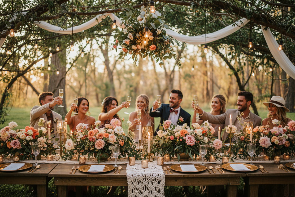 Hochzeit feiern an der Tafel mit Rosen