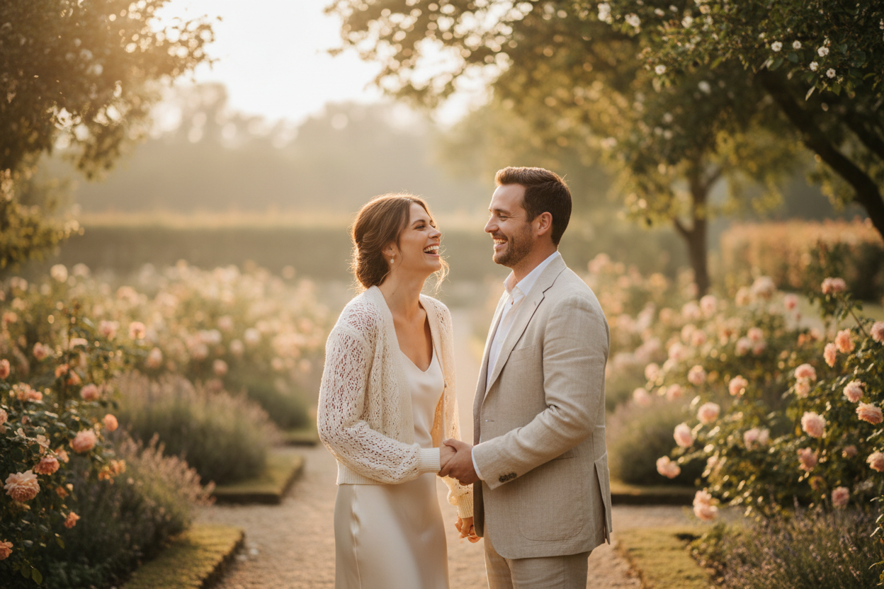 Romantic couple in love, woman wearing an ivory lace knit cardigan by Beemohr, holding hands in a sunny garden