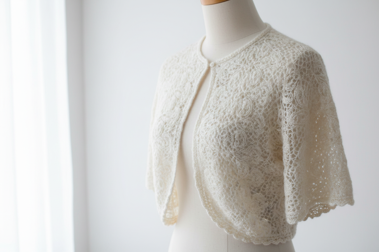 Kaschmir Bolero für Bräute – edel gestrickt in weiß und ivory für die Hochzeit
