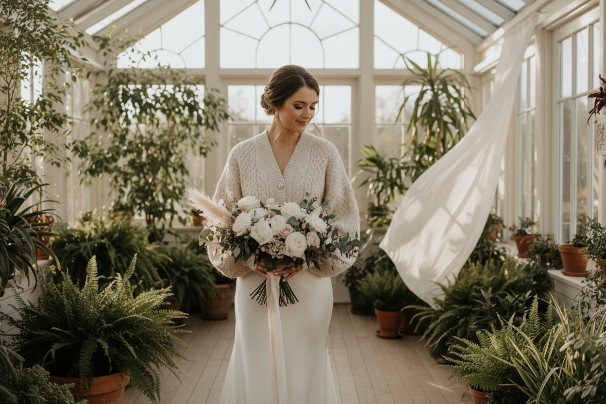 Bride wearing a soft ivory knit sweater with bouquet – handknitted bridal cardigans and jackets by Beemohr