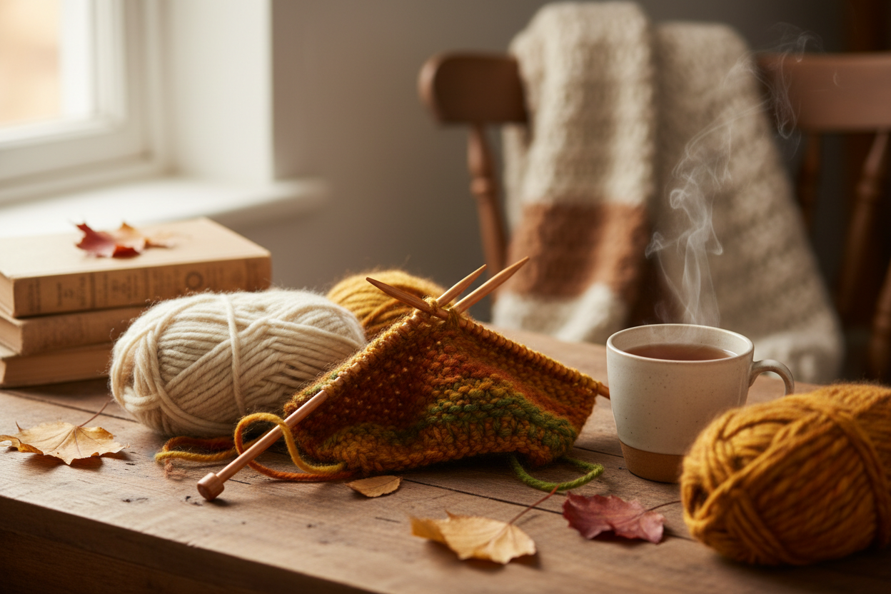 Cozy autumn knitting scene with soft wool yarn, knitting needles and tea – knitting kits and instructions from Beemohr