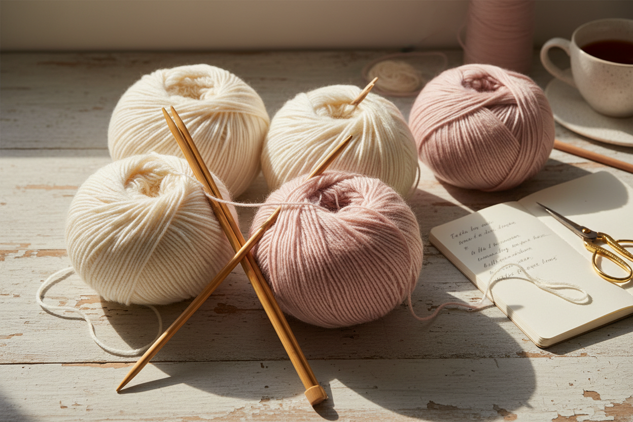 Soft cashmere and merino wool balls in ivory and blush with knitting needles – wool collection for bridal jackets and sweaters by Beemohr