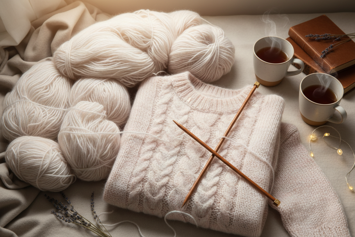 Flauschige Mohair-Wolle in Pastelltönen mit halbfertigem Strickpullover – Phil Beaugency von Phildar bei Beemohr