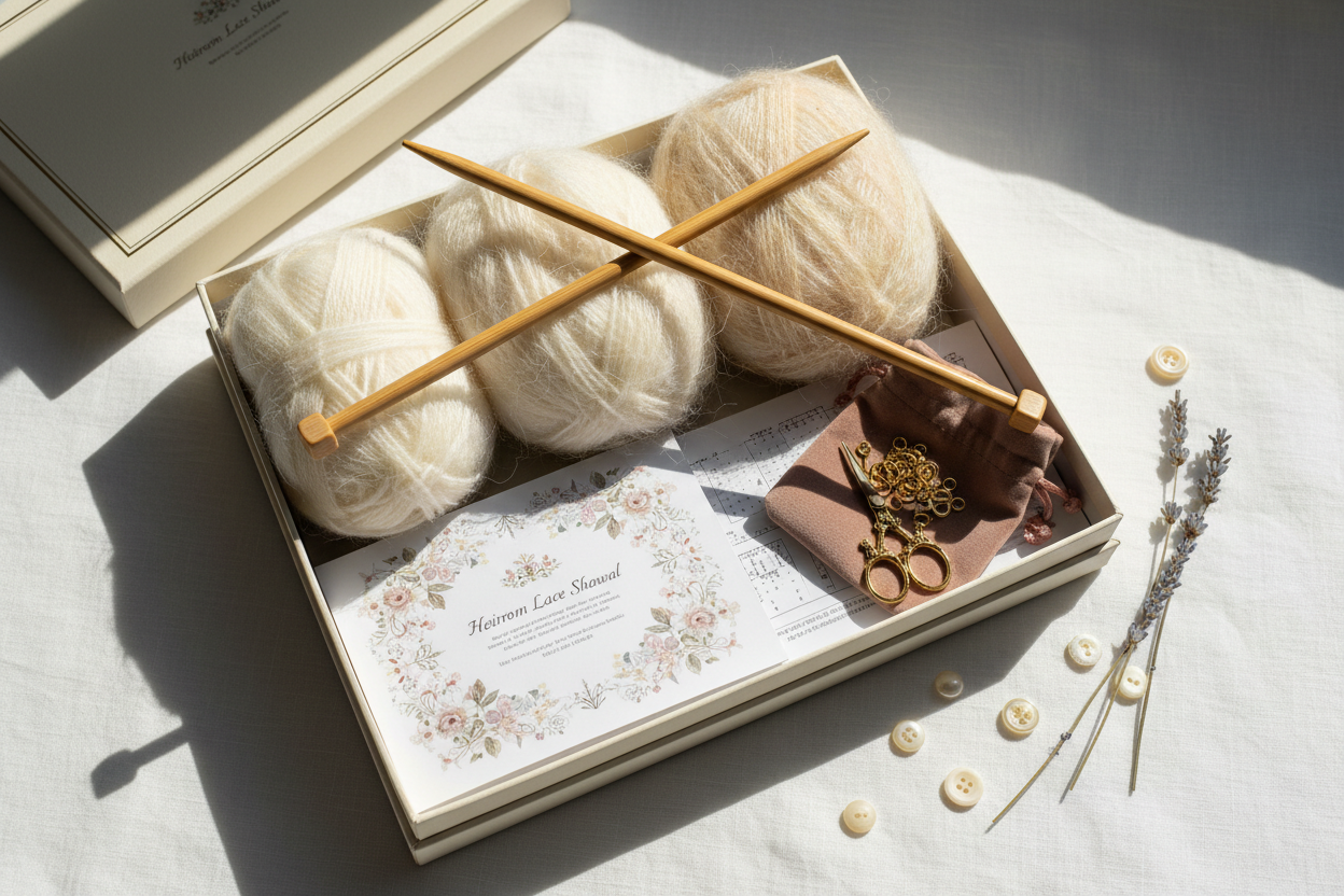 Strickset mit Kaschmir-Wolle, Stricknadeln und Anleitung – Brautjacke selber stricken