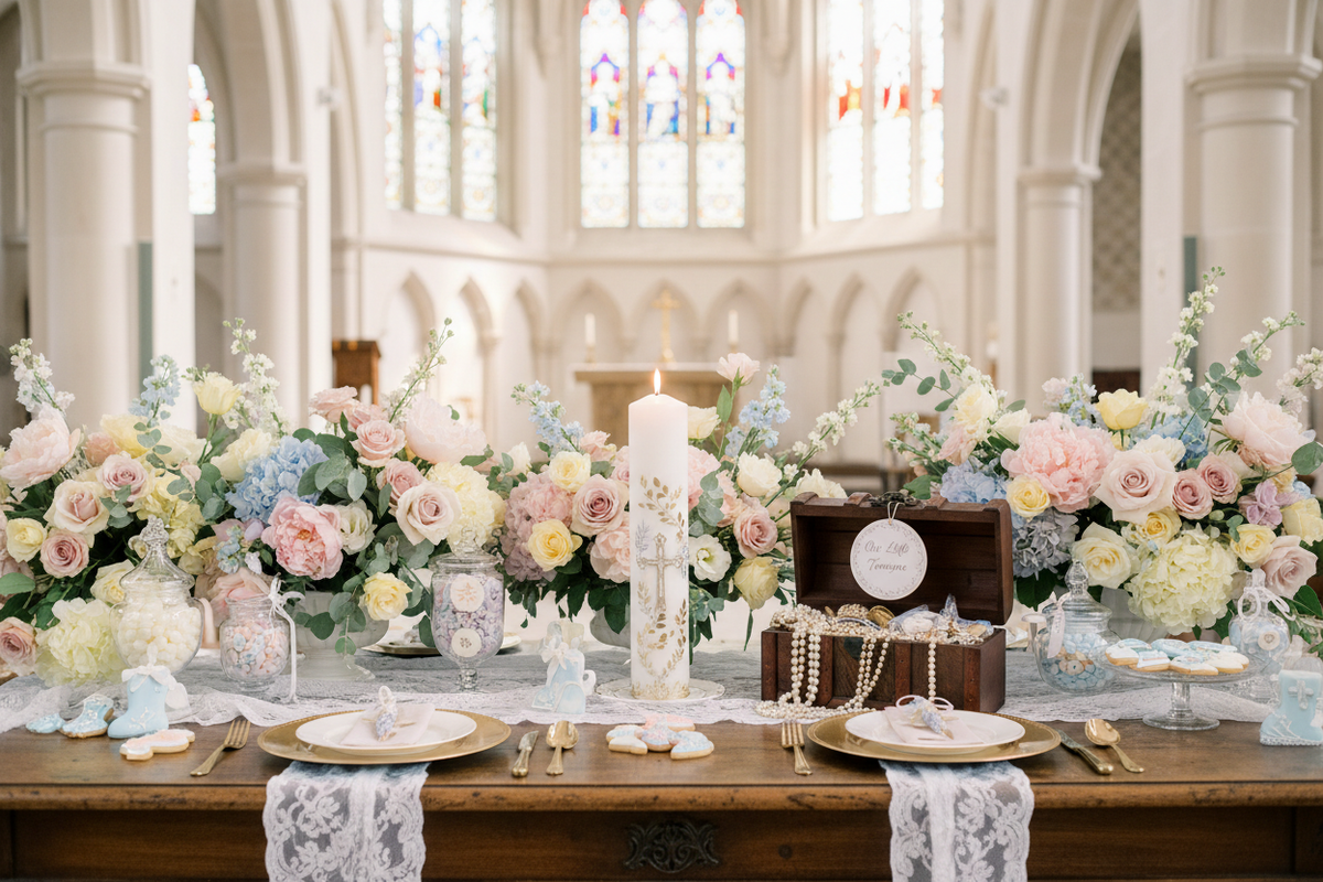 Taufe in der Kirche Blumen und Taufkerze