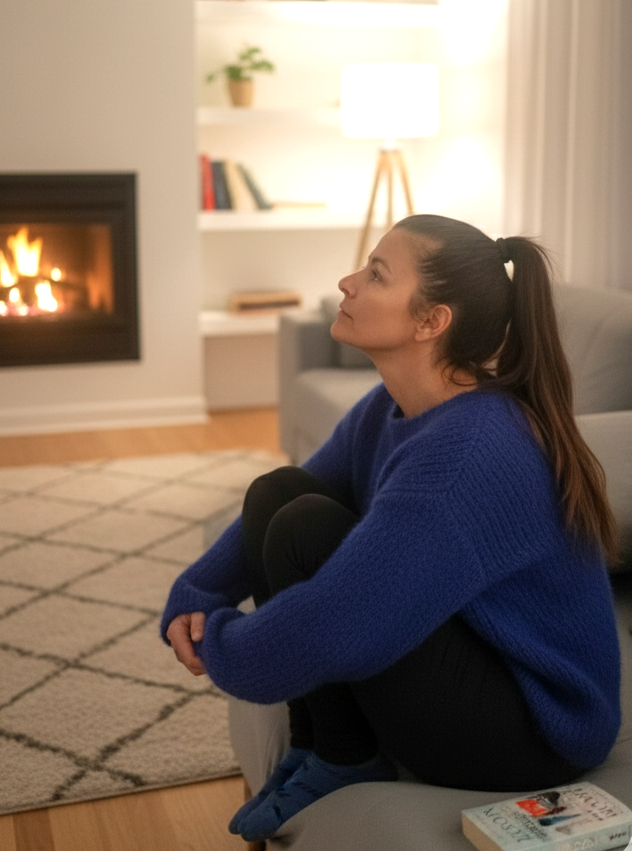 Frau im Wohnzimmer mit Strickpullover