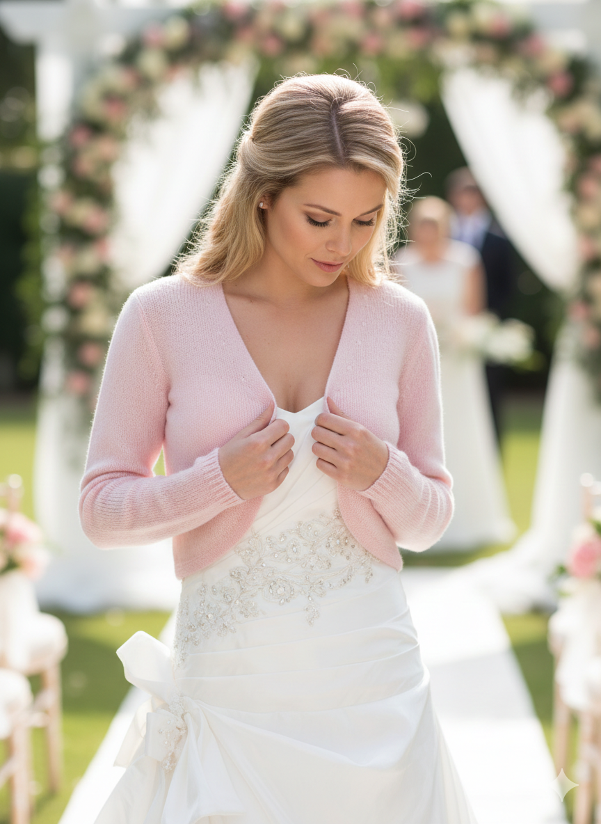 Braut mit Strickjacke in rosa