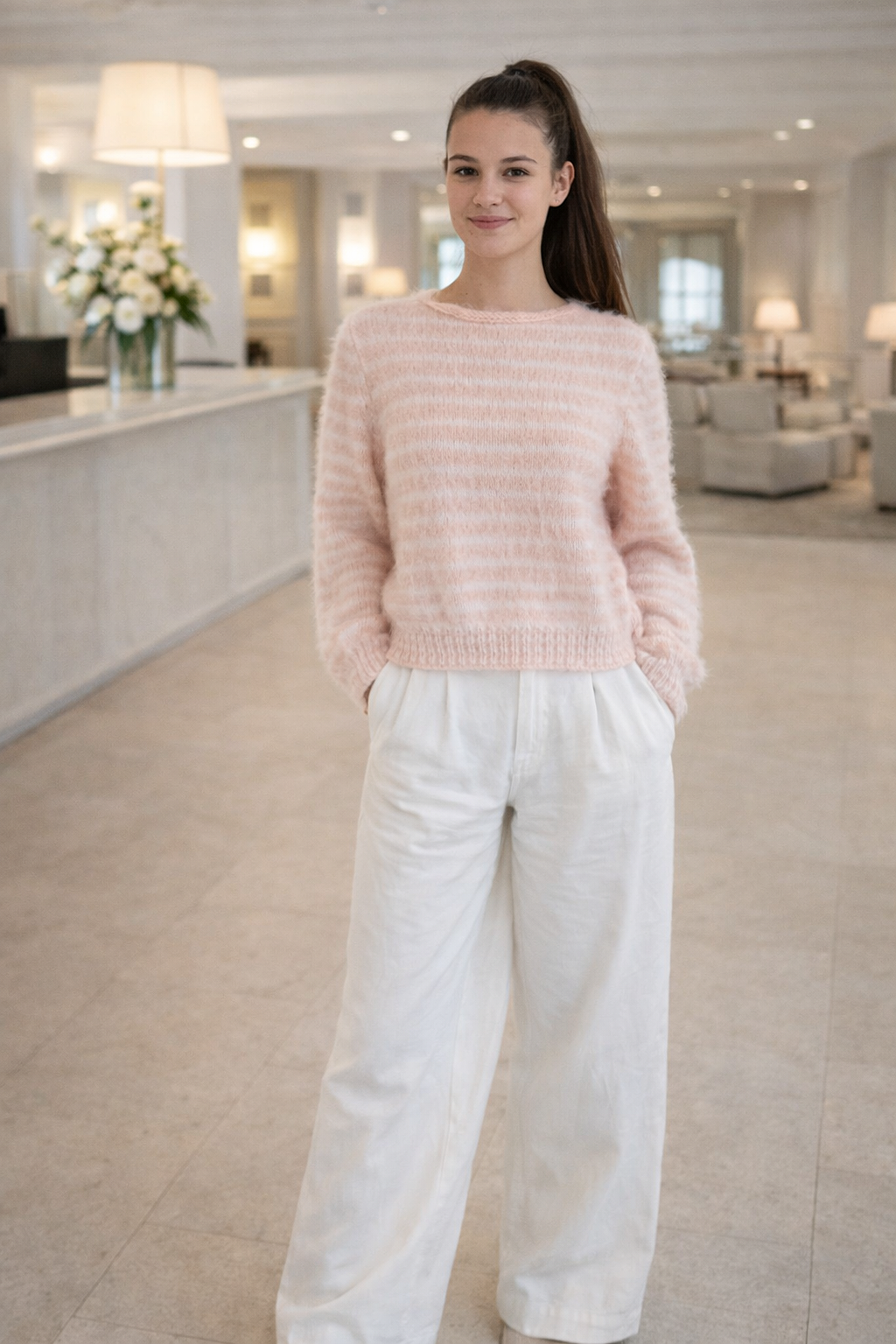 Edler Kuschelpullover gestreift rosa weiß Beaugency