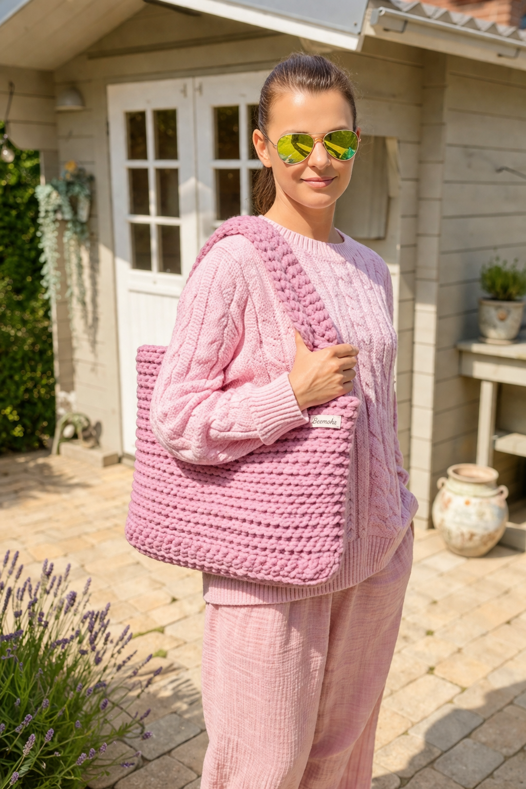 Tragetasche groß hangearbeitet rosa
