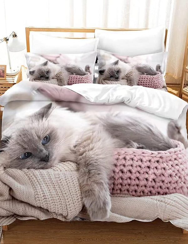 Bettbezug mit 2 Kissen bedruckt mit Katze