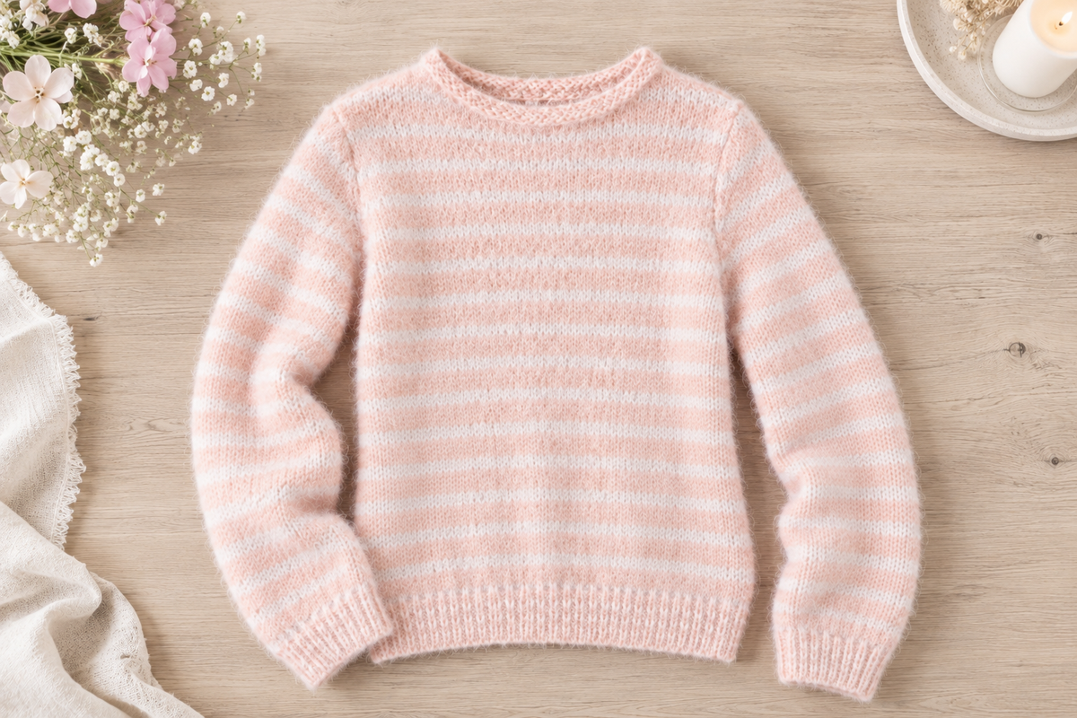 Gestreifter Strickpullover rosa weiß aus Beaugency Wolle gestrickt von Beemohr