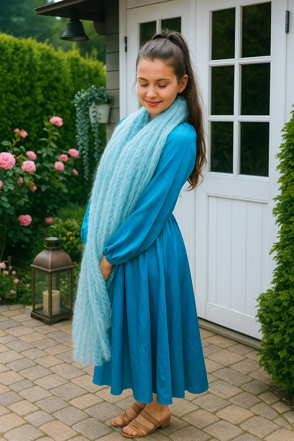 Frau mit Stola in türkis mit türkisem Kleid