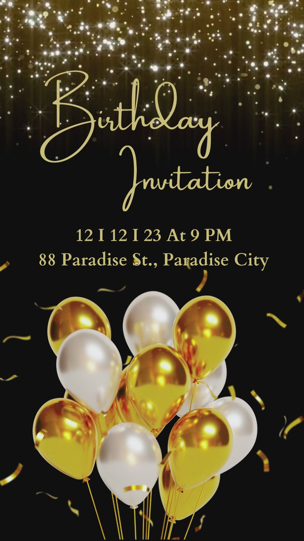 Animated birthday invitation ballons gold black