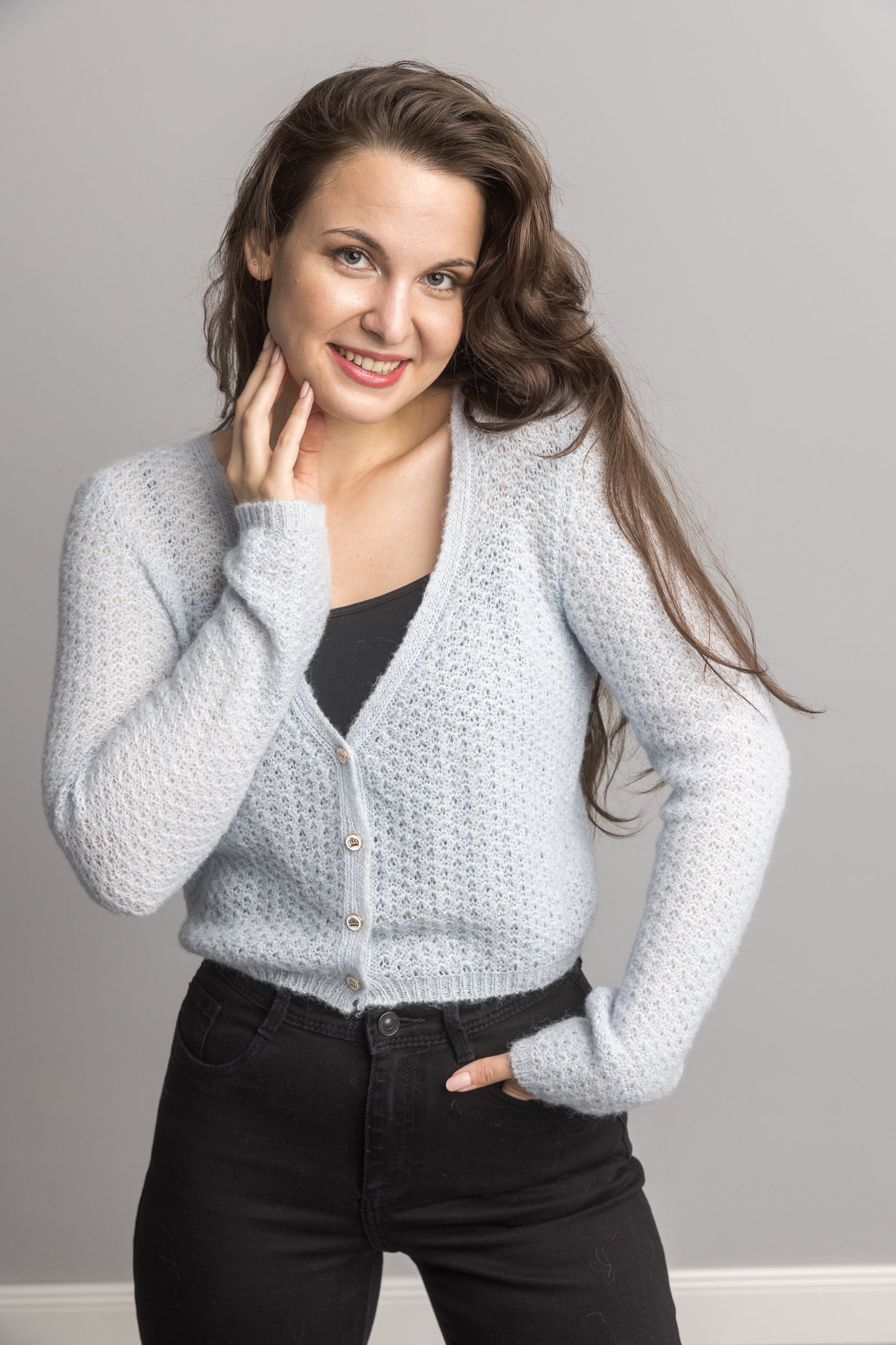 Lace Strickjacke in grau blau mit Knöpfen - Beemohr