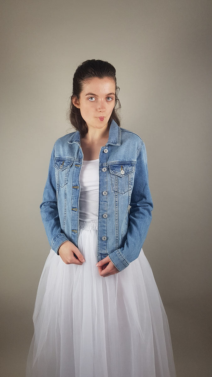 Braut Jeans Jacke in hellblau bedruckt "him & me forever" - Beemohr